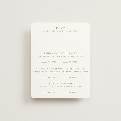 This is a verde rsvp cards with standard by Megan Davis called rancho printing on signature in standard