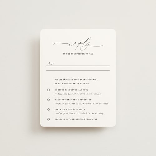 This is a linen rsvp cards with standard by Jennifer Postorino called breathe printing on signature in standard