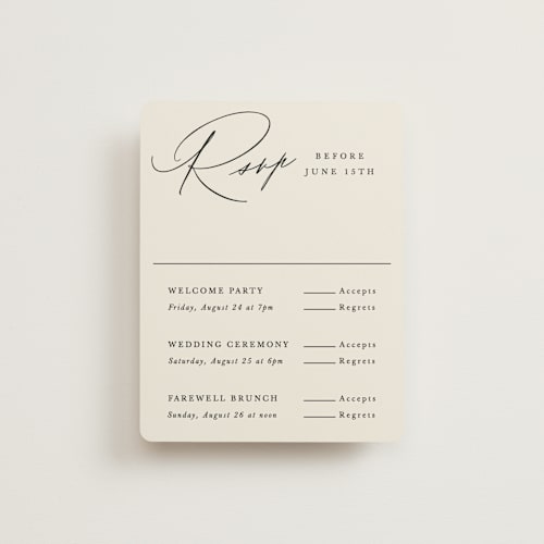 This is a ecru rsvp cards with standard by Hooray Creative called scripted names printing on signature in standard