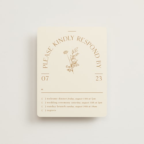 This is a cream rsvp cards with standard by Baumbirdy called floral type arch printing on signature in standard