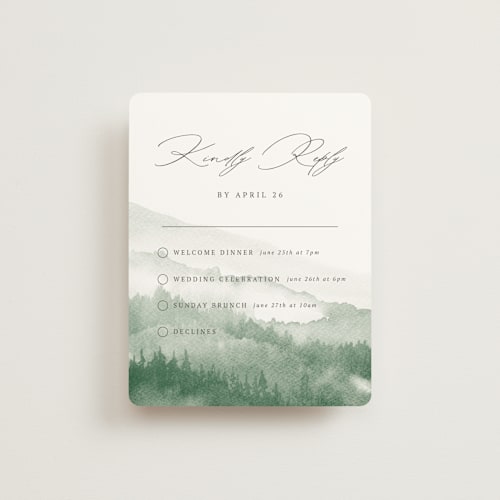 This is a fern rsvp cards with standard by Helen Halik called over the mountains printing on signature in standard