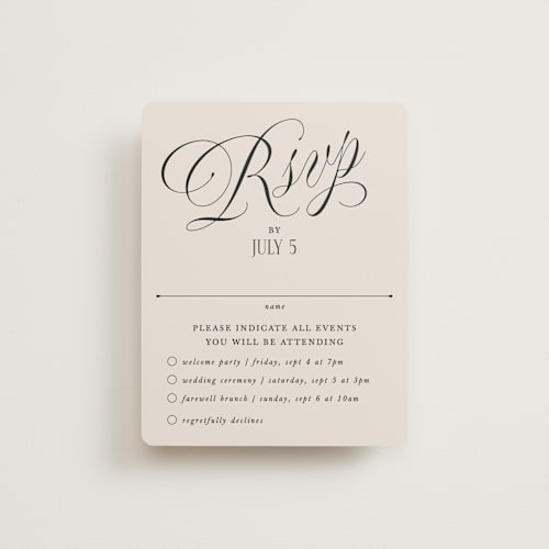 This is a linen rsvp cards with standard by Kate Ahn called mirin printing on signature in standard