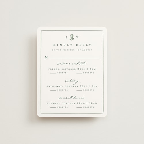 This is a pine rsvp cards with standard by Amy Kross called mountain ridge printing on signature in standard