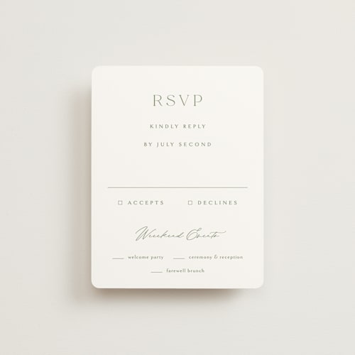 This is a clover rsvp cards with standard by Kelly Schmidt called victoria printing on signature in standard