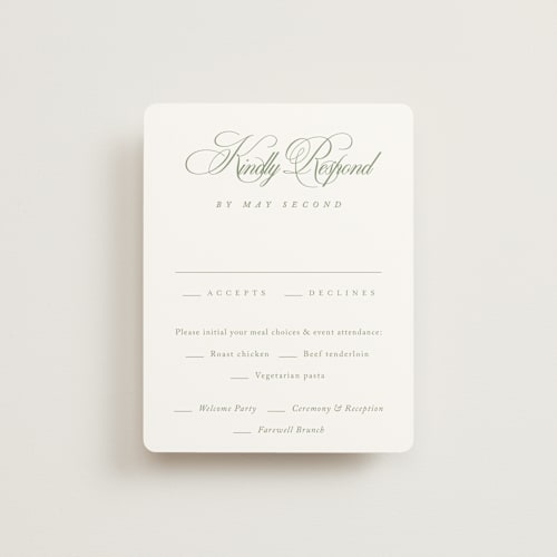 This is a garden rsvp cards with standard by Kelly Schmidt called chic script printing on signature in standard