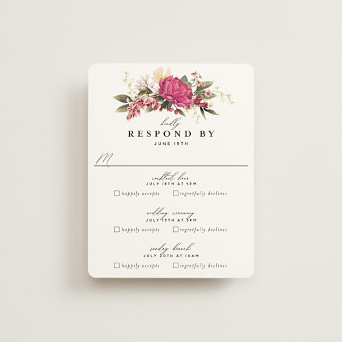 This is a magenta rsvp cards with standard by Susan Moyal called lush printing on signature in standard