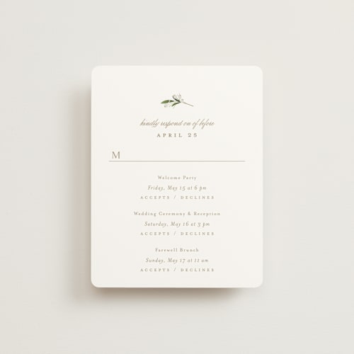 This is a champagne rsvp cards with standard by Jennifer Postorino called soft sprigs printing on signature in standard