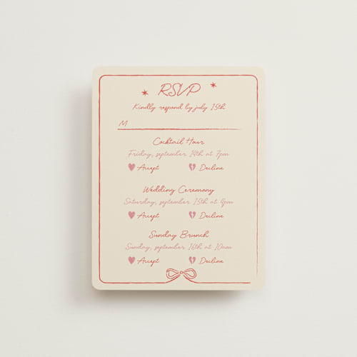 This is a peach rsvp cards with standard by Helena Vitto called the bird song printing on signature in standard