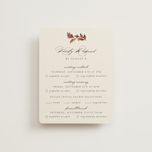 This is a autumn rsvp cards with standard by Kate Ahn called poetique printing on signature in standard