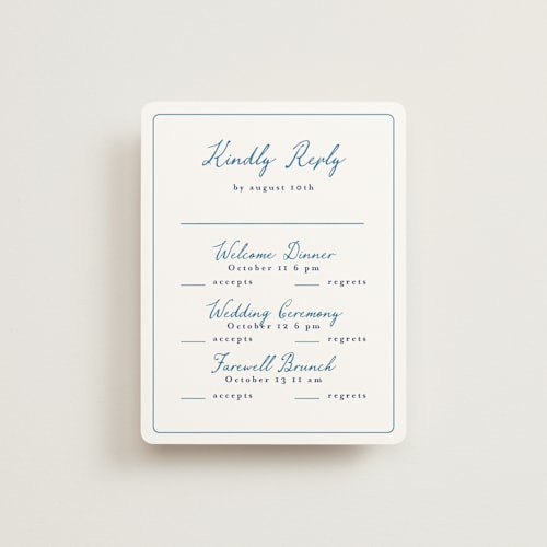This is a cerulean rsvp cards with standard by Tamara Hilje called positano printing on signature in standard