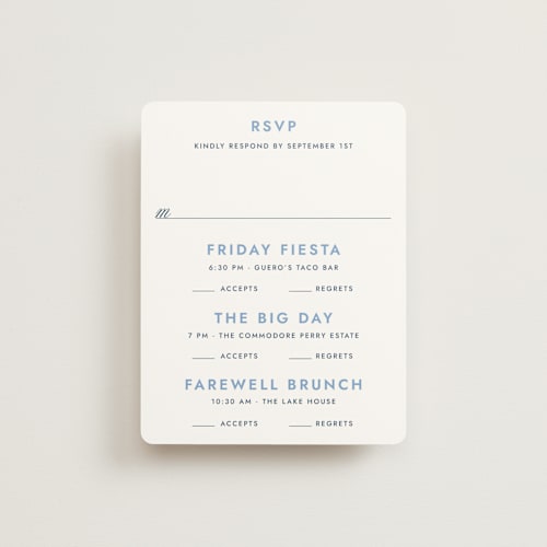 This is a blue bell rsvp cards with standard by Megan Davis called montauk printing on signature in standard