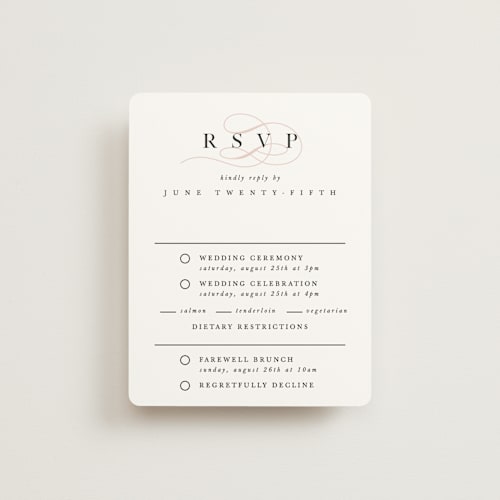 This is a blush rsvp cards with standard by Pixel and Hank called first love printing on signature in standard