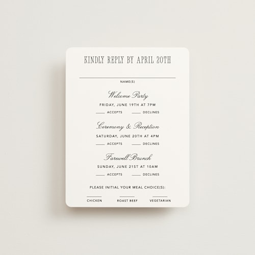 This is a silk rsvp cards with standard by Kelly Schmidt called formal minimalist printing on signature in standard