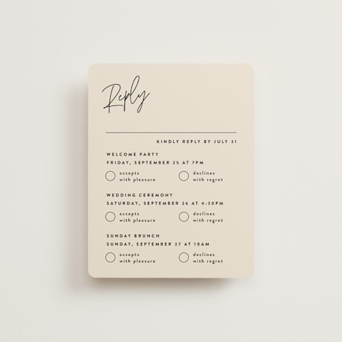 This is a champagne rsvp cards with standard by JoAnn Jinks called signed printing on signature in standard