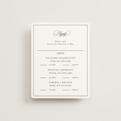 This is a noir rsvp cards with standard by Kimberly FitzSimons called sincerity printing on signature in standard