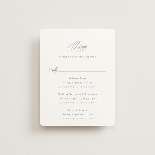 This is a dusty blue rsvp cards with standard by Jennifer Postorino called empire printing on signature in standard