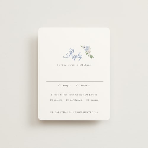 This is a periwinkle rsvp cards with standard by Design Lotus called sweethearts printing on signature in standard