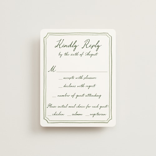 This is a moss rsvp cards with standard by Cass Loh called handwritten printing on signature in standard