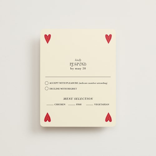 This is a champagne rsvp cards with standard by Helena Vitto called red hearts printing on signature in standard