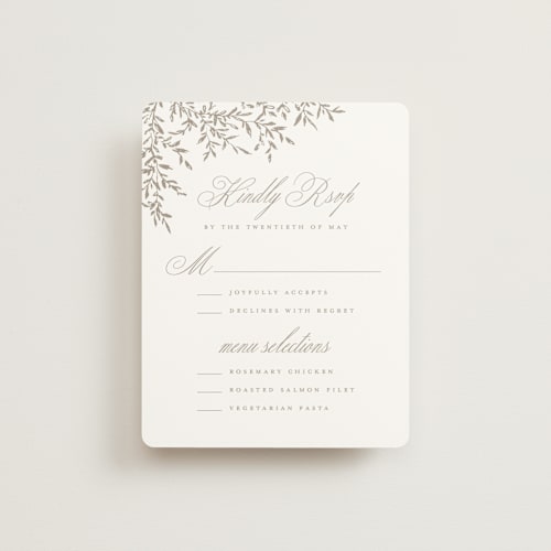 This is a chantilly rsvp cards with standard by Wildfield Paper Co called romantic wreath printing on signature in standard