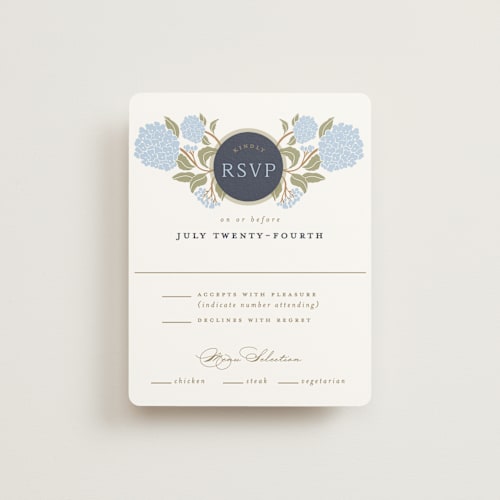This is a navy rsvp cards with standard by Susan Zinader called hydrangea garden printing on signature in standard