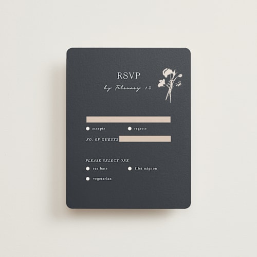 This is a champagne rsvp cards with standard by Lindsay Megahed called floral monogram printing on signature in standard