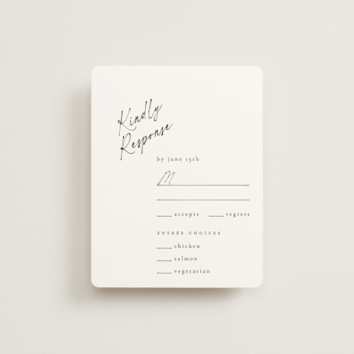 This is a linen rsvp cards with standard by Ana de Sousa called scripted elegance printing on signature in standard