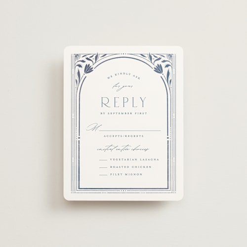This is a delphinium rsvp cards with standard by Ashley DeMeyere called nouveau frame printing on signature in standard