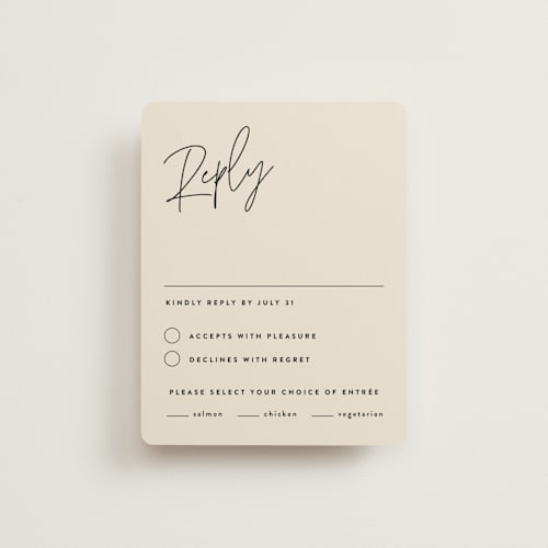 This is a champagne rsvp cards with standard by JoAnn Jinks called signed printing on signature in standard