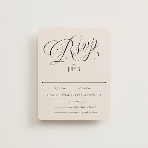 This is a linen rsvp cards with standard by Kate Ahn called mirin printing on signature in standard