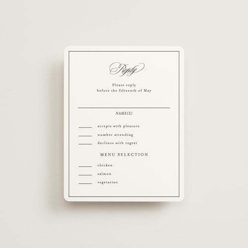 This is a noir rsvp cards with standard by Kimberly FitzSimons called sincerity printing on signature in standard