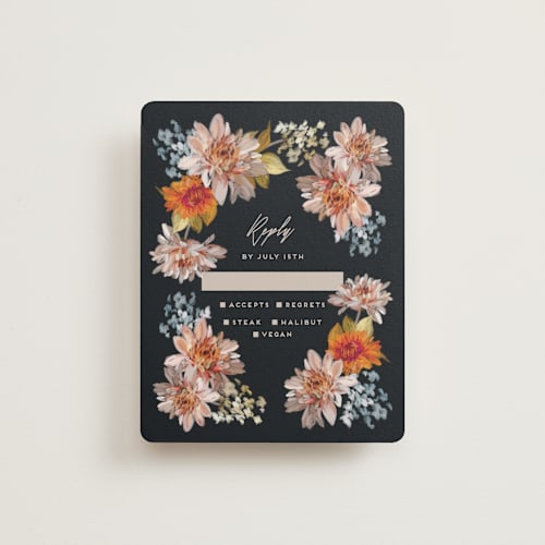 This is a navy rsvp cards with standard by Olivia Kanaley Inman called dahlia season printing on signature in standard