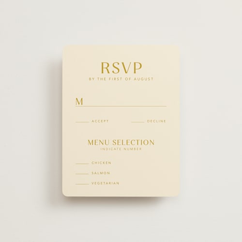 This is a marigold rsvp cards with standard by Stacey Day called swoop printing on signature in standard