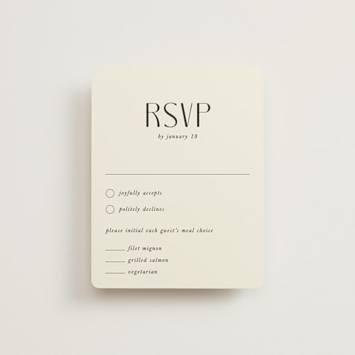 This is a ecru rsvp cards with standard by That Girl Press called commonwealth printing on signature in standard