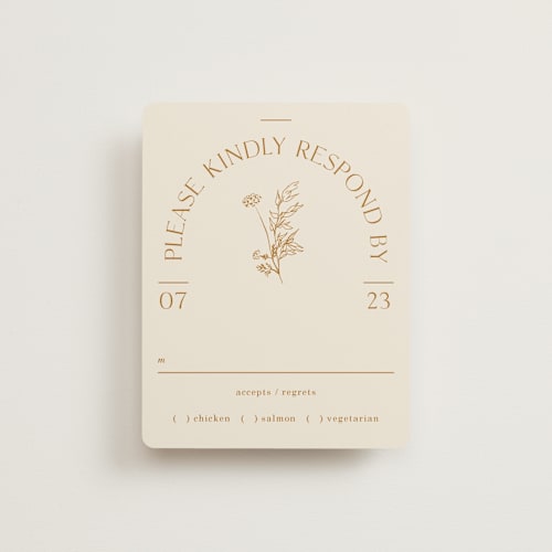 This is a cream rsvp cards with standard by Baumbirdy called floral type arch printing on signature in standard