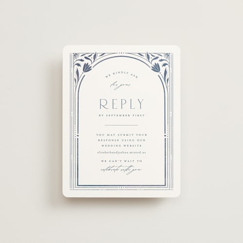 This is a delphinium rsvp cards with standard by Ashley DeMeyere called nouveau frame printing on signature in standard
