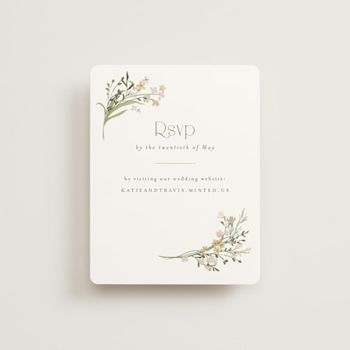 This is a olive rsvp cards with standard by Jennifer Wick called delicate buds printing on signature in standard