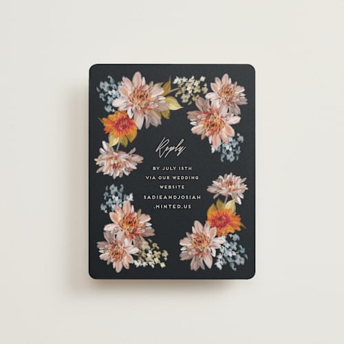 This is a navy rsvp cards with standard by Olivia Kanaley Inman called dahlia season printing on signature in standard