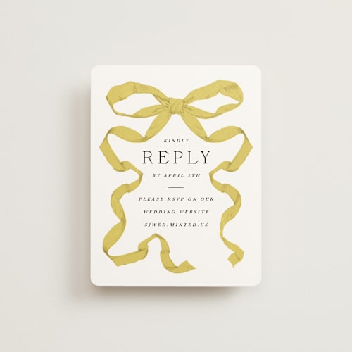 This is a citrine rsvp cards with standard by Olivia Kanaley Inman called antique ribbon printing on signature in standard