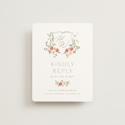 This is a pomegranate rsvp cards with standard by Everett Paper Goods called roses crest printing on signature in standard
