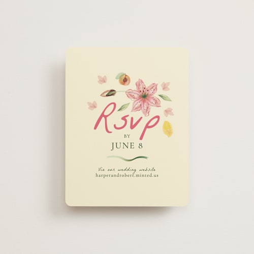 This is a blush rsvp cards with standard by Emily Miranda called romantic tropical wedding printing on signature in standard