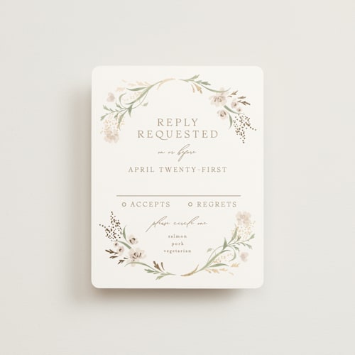 This is a spring mist rsvp cards with foil pressed by Erin L. Wilson called meadow printing on signature in standard