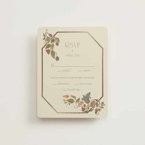 This is a mint rsvp cards with foil pressed by Simona Camp called radiant botany printing on signature in standard