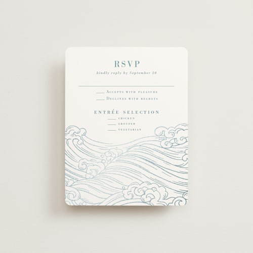 This is a aqua rsvp cards with foil pressed by Jessie Steury called waves printing on signature in standard