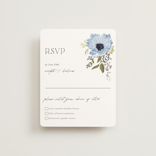 This is a azure rsvp cards with foil pressed by Susan Moyal called timeless blooms printing on signature in standard