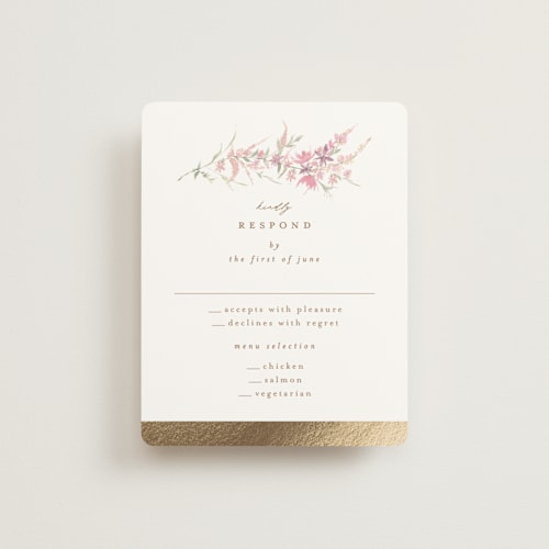 This is a spring rsvp cards with foil pressed by Phrosné Barwood called meadow cross printing on signature in standard