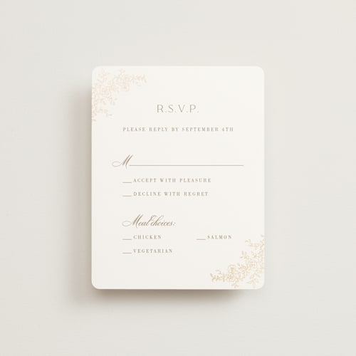 This is a champagne rsvp cards with foil pressed by Cass Loh called floral crest printing on signature in standard