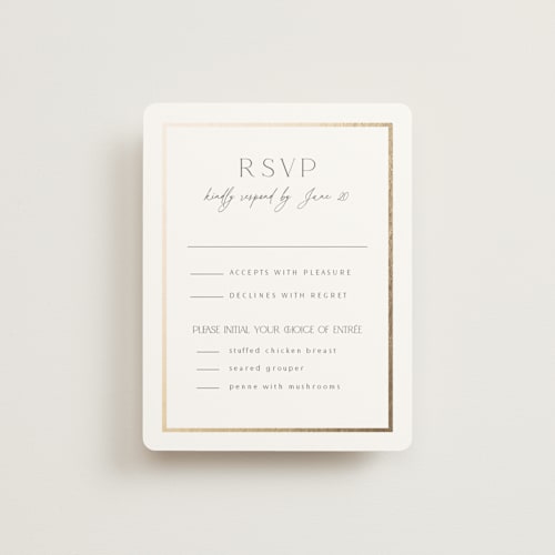 This is a porcelain rsvp cards with foil pressed by Nicole Walsh called regal printing on signature in standard