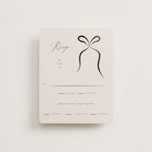 This is a tuxedo rsvp cards with foil pressed by Corinne Malesic called bow printing on signature in standard