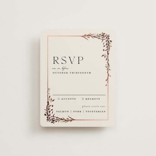 This is a almond rsvp cards with foil pressed by Erin L. Wilson called trailing vines printing on signature in standard